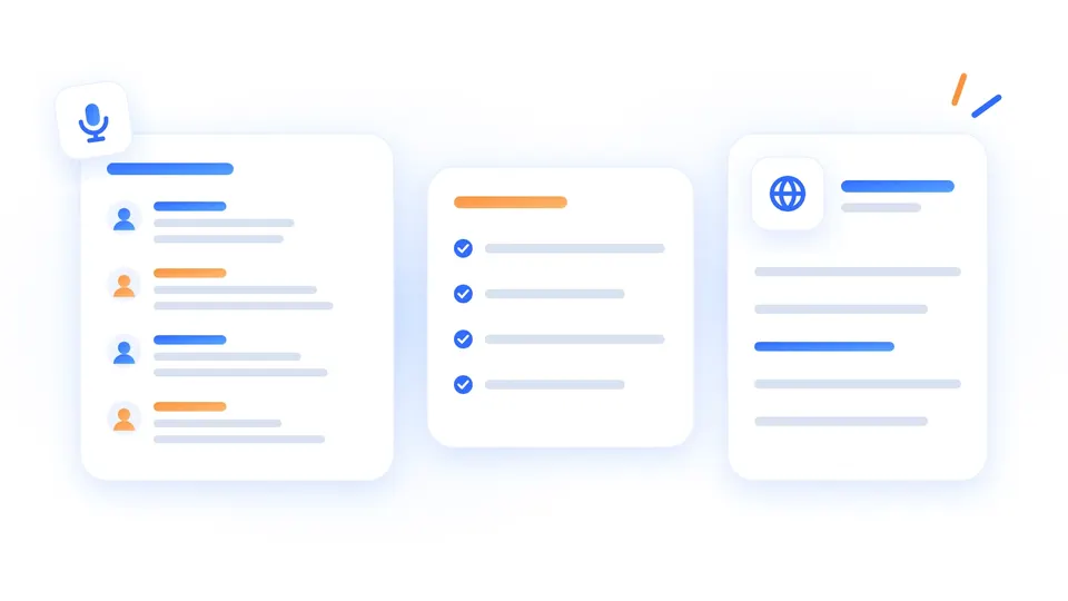 A transcript split by speaker, a summary with key points and a translation side by side