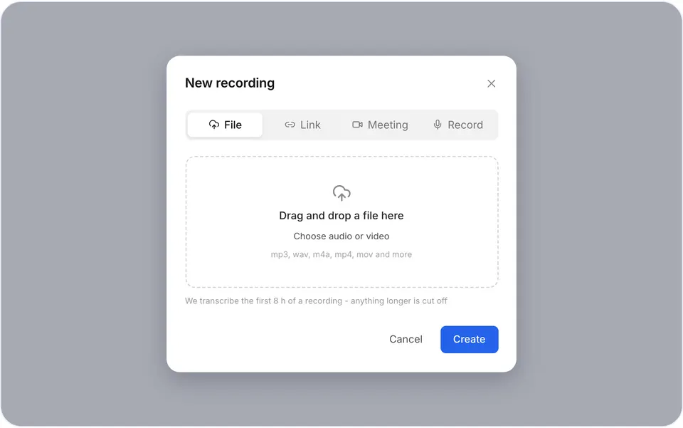 The New recording window with the file drop zone