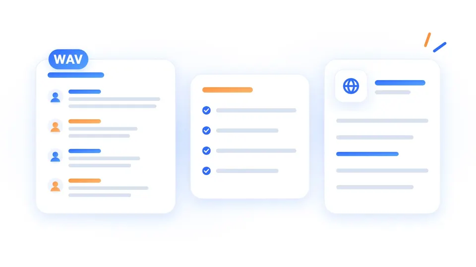 A transcript split by speaker, a summary with key points and a translation side by side