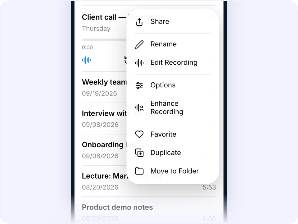 The iPhone share menu for a voice memo