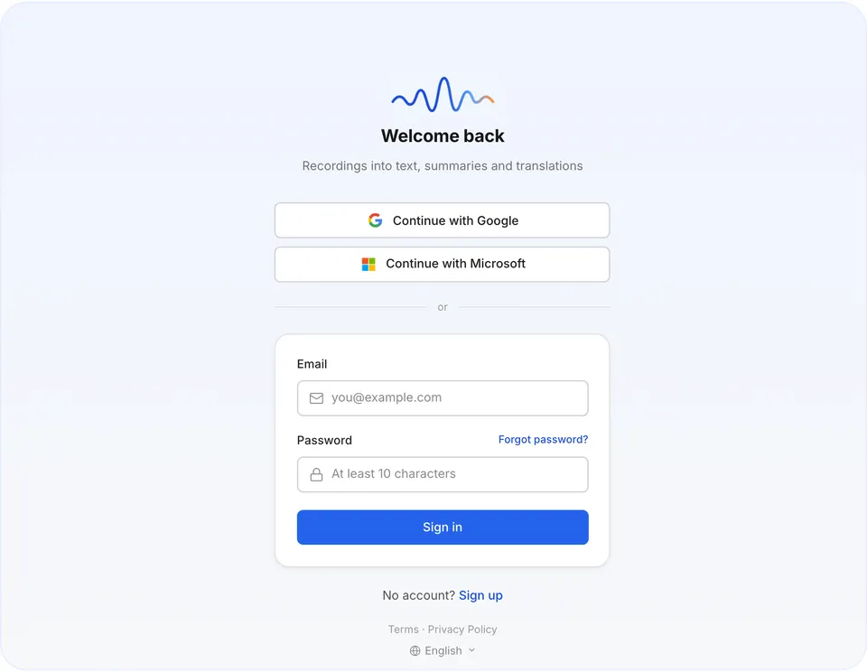 Sign-in screen with Google, Microsoft and email options