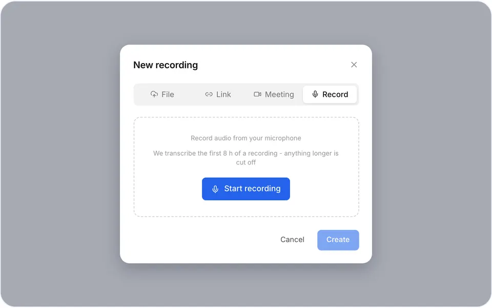 The New recording window on the Record tab