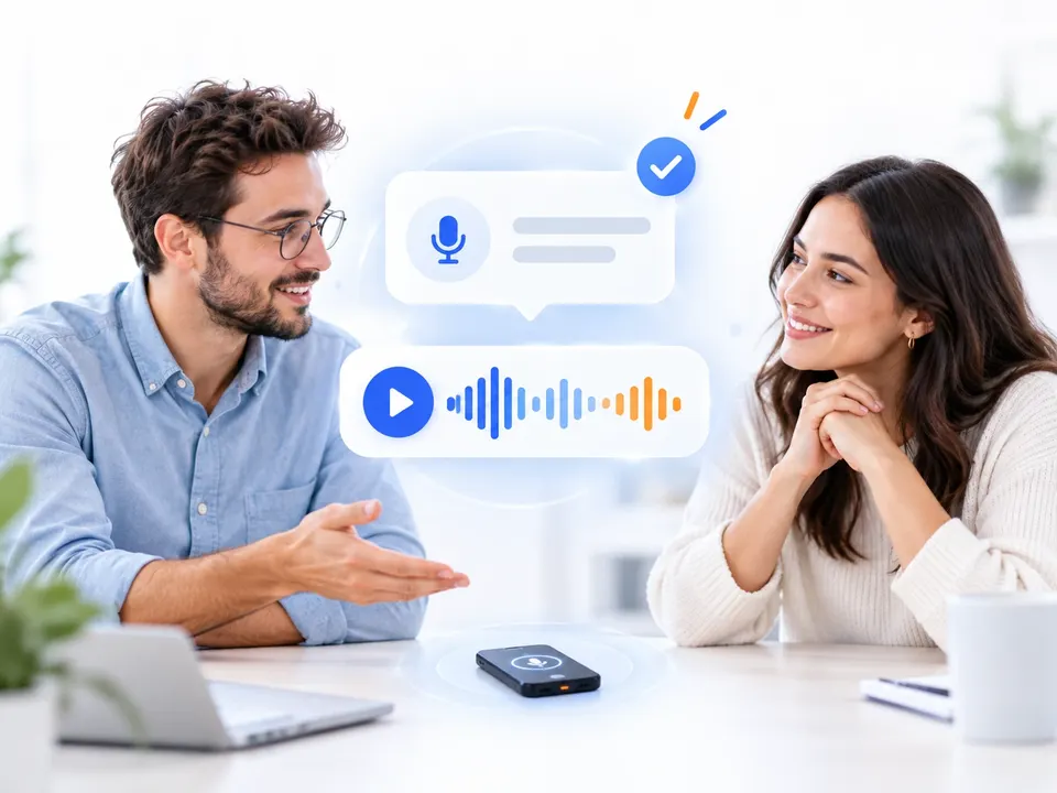 An interviewer and a candidate talking while the answers are written down