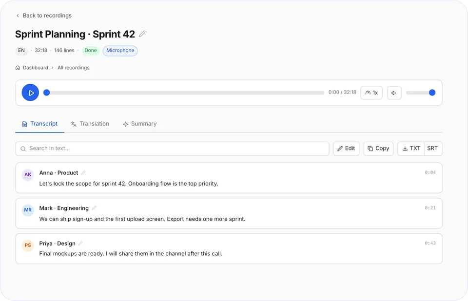 A recording page with the transcript split by speaker
