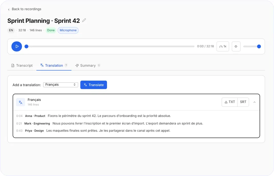 The Translation tab with the translated transcript