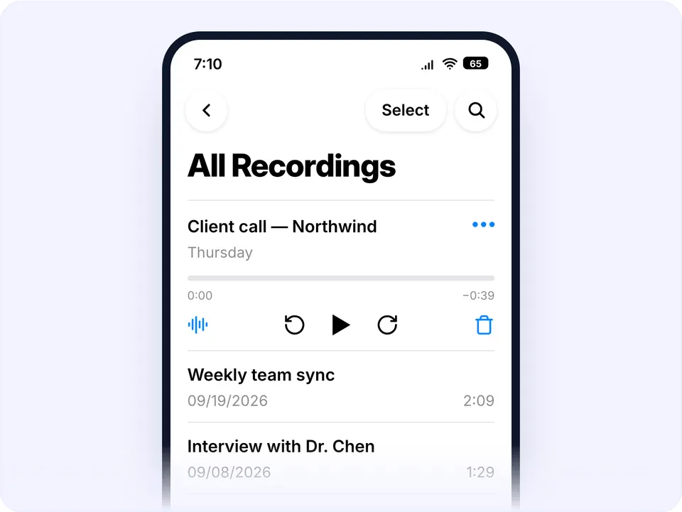 The iPhone Voice Memos list