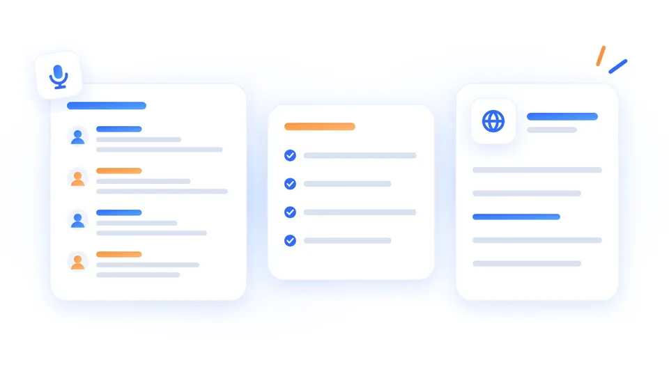 A transcript split by speaker, a summary with key points and a translation side by side