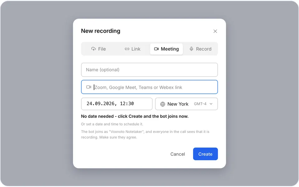The New recording window on the Meeting tab with a meeting link