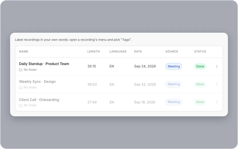 The recordings list with tags